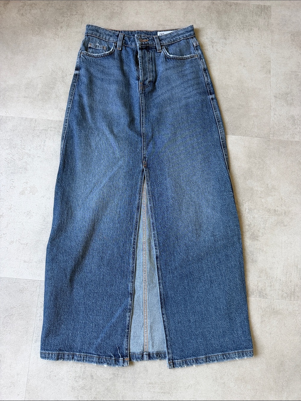 Zara Blue Denim Midi Skirt with Front Slit